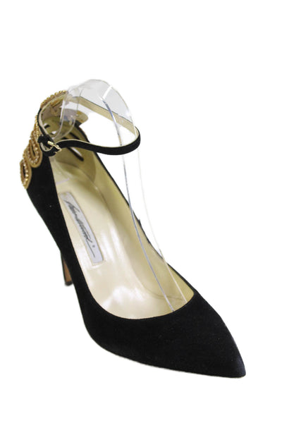 Brian Atwood Womens Suede Pointed Toe Jeweled Ankle Strap Pumps Black Size 39 9