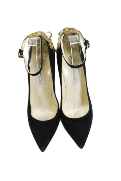 Brian Atwood Womens Suede Pointed Toe Jeweled Ankle Strap Pumps Black Size 39 9