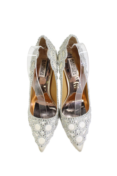 Badgley Mischka Womens Satin Jeweled Pointed Toe Pumps White Size 9