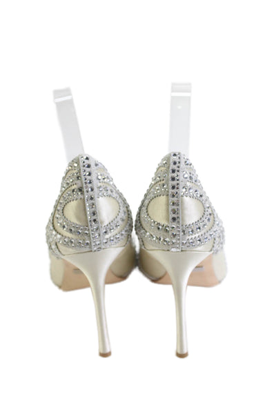 Badgley Mischka Womens Satin Jeweled Pointed Toe Pumps White Size 9