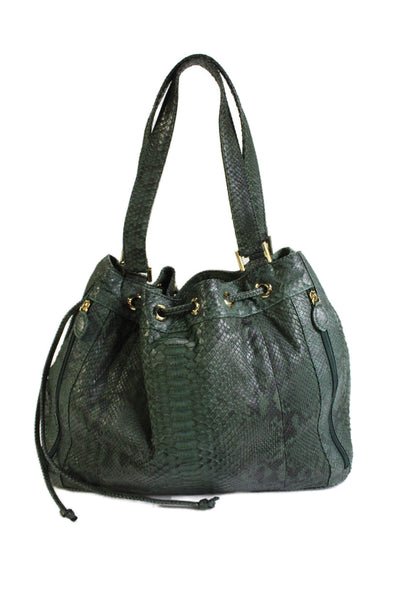Eileen Kramer Womens Leather Snakeskin Print Gold Tone Shoulder Handbag Green