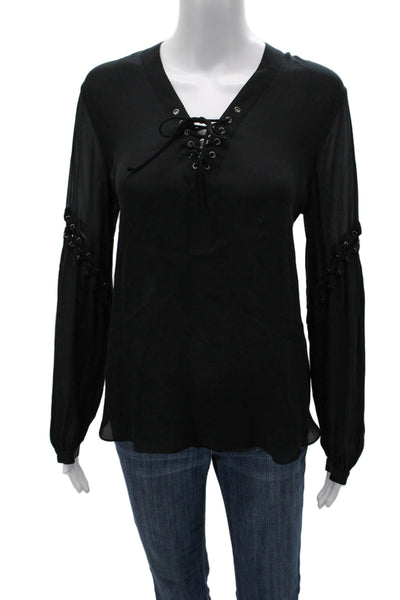 Haute Hippie Womens Basic Silk V-Neck Long Sleeve Blouse Black Size M