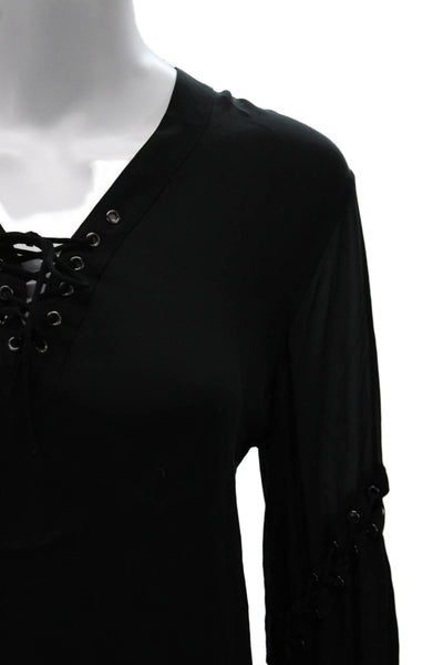 Haute Hippie Womens Basic Silk V-Neck Long Sleeve Blouse Black Size M