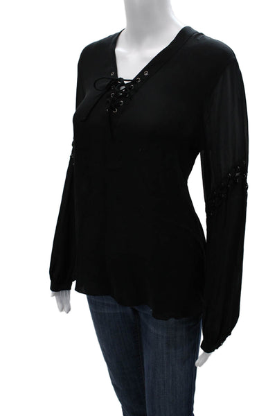 Haute Hippie Womens Basic Silk V-Neck Long Sleeve Blouse Black Size M