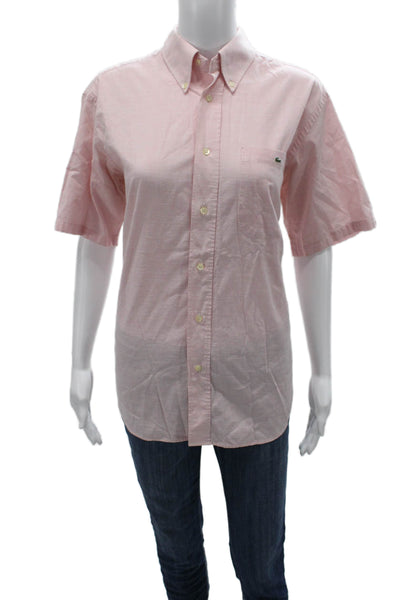 Lacoste Mens Pink Striped Cotton Button-Up Shirt Collared Short Sleeve Size 40