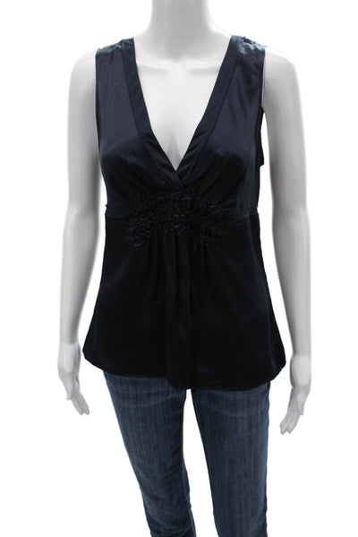 BCBG Max Azria Women Silk V Neck Sleeveless Basic Tank Blue Size XS