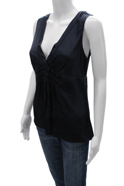 BCBG Max Azria Women Silk V Neck Sleeveless Basic Tank Blue Size XS