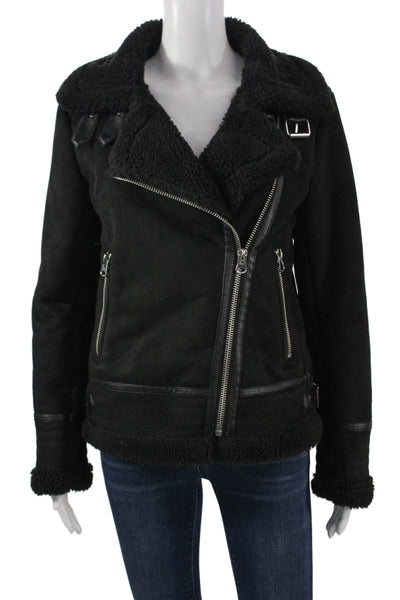 Zara Women Biker Jacket Faux Suede Black Zip Size S