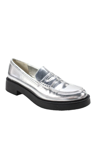 Zara Womens Leather Slide On Loafers Silver Metallic Size 40 10
