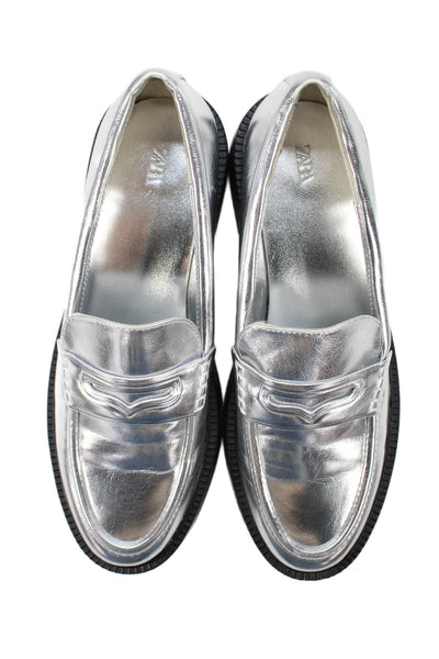 Zara Womens Leather Slide On Loafers Silver Metallic Size 40 10