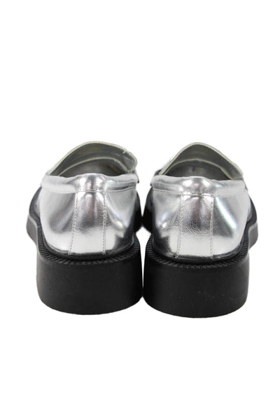 Zara Womens Leather Slide On Loafers Silver Metallic Size 40 10