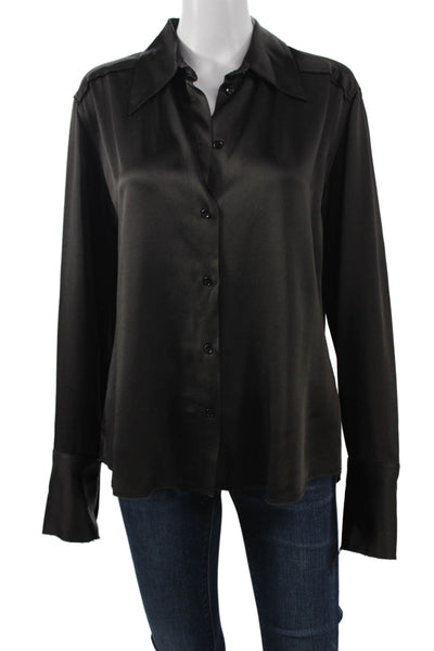 Zara Women Brown Satin Collared Long Sleeve Button-Up Basic Top Size L