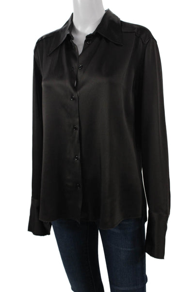 Zara Women Brown Satin Collared Long Sleeve Button-Up Basic Top Size L
