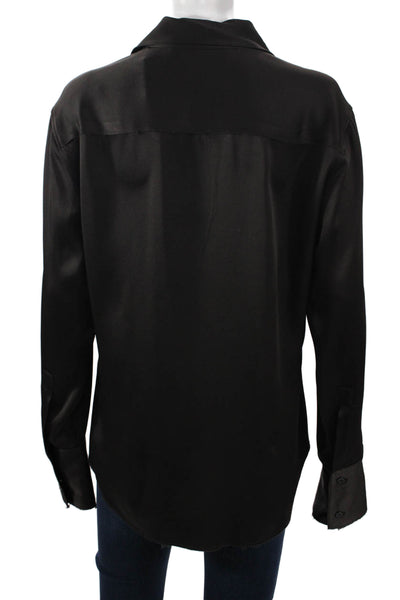 Zara Women Brown Satin Collared Long Sleeve Button-Up Basic Top Size L