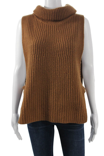 Allude Women Brown Wool Turtleneck Sweater Vest Sleeveless Size M