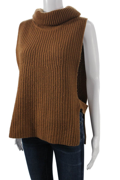 Allude Women Brown Wool Turtleneck Sweater Vest Sleeveless Size M