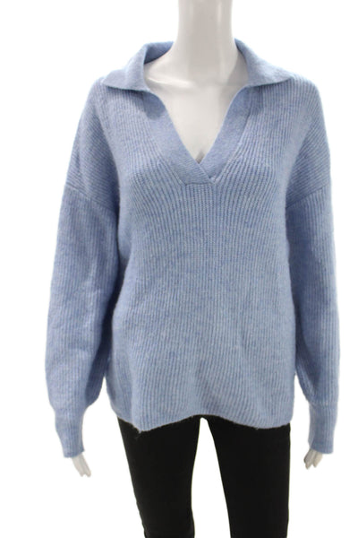MNG Women Blue Collared Pullover Sweater Acrylic Long Sleeve Size S