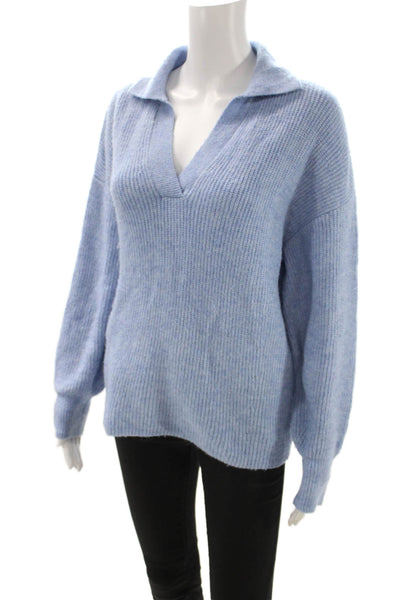 MNG Women Blue Collared Pullover Sweater Acrylic Long Sleeve Size S