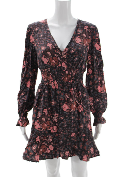 Paige Womens Fit & Flare Silk Floral V-Neck Long Sleeve Short Dress Size S