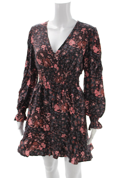 Paige Womens Fit & Flare Silk Floral V-Neck Long Sleeve Short Dress Size S