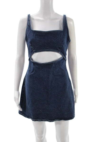 Zara Womens Mini Dress Blue Square Neck Cotton Sleeveless Zip Size L