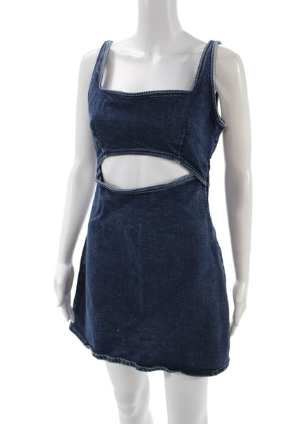 Zara Womens Mini Dress Blue Square Neck Cotton Sleeveless Zip Size L