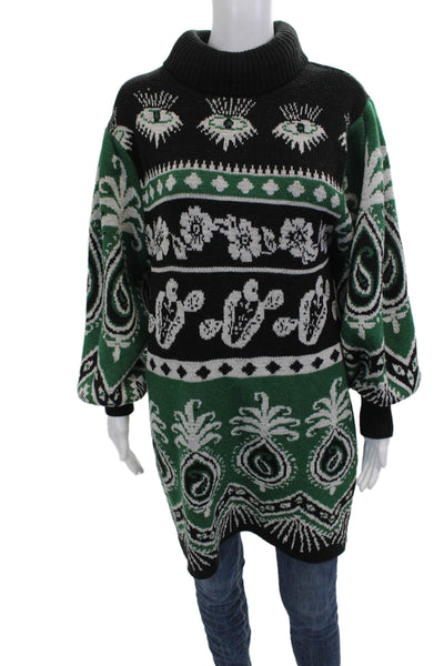 Farm Rio Women Sweater Dress Black Turtleneck Long Sleeve Floral Acrylic Size M