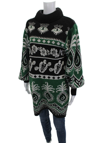 Farm Rio Women Sweater Dress Black Turtleneck Long Sleeve Floral Acrylic Size M