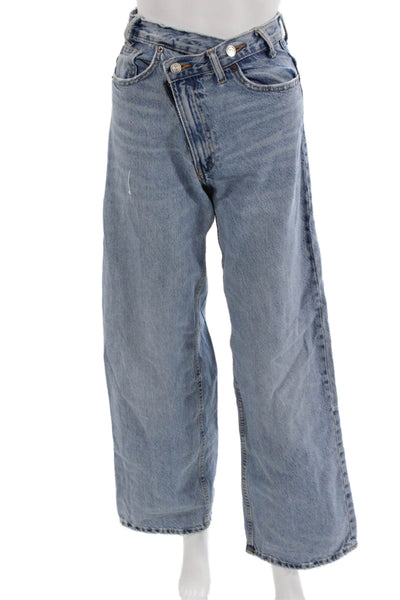 Zara Womens Wide Leg Jeans Mid Rise Blue Cotton Inseam 32 Size 0