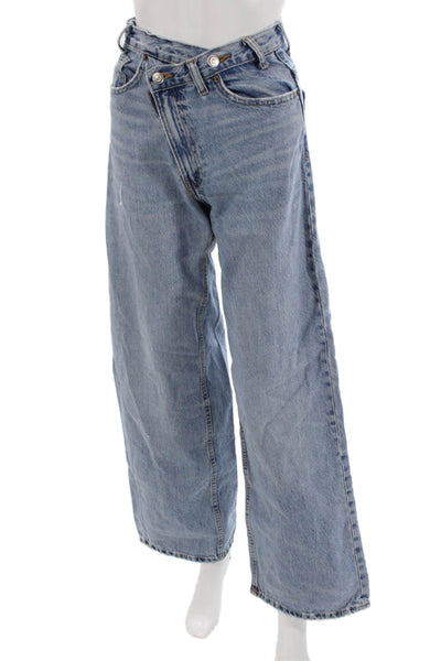 Zara Womens Wide Leg Jeans Mid Rise Blue Cotton Inseam 32 Size 0