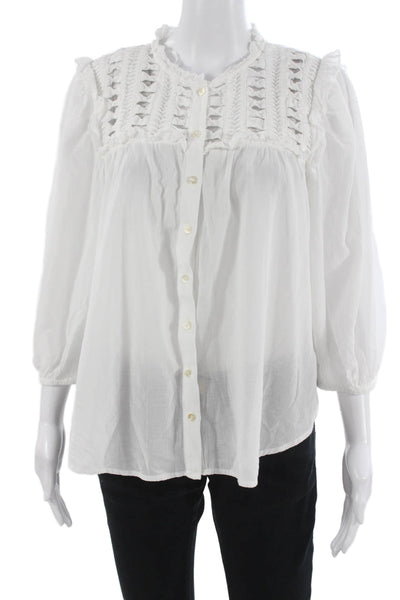 Anthropologie Women Blouse White High Neck Button Viscose 3/4 Sleeve Size M