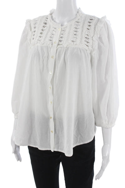 Anthropologie Women Blouse White High Neck Button Viscose 3/4 Sleeve Size M