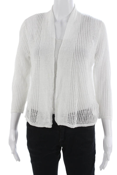 Tahari Women Linen Striped V Neck Cardigan 3/4 Sleeve White Size S