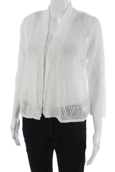 Tahari Women Linen Striped V Neck Cardigan 3/4 Sleeve White Size S