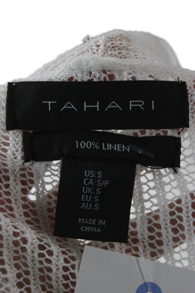 Tahari Women Linen Striped V Neck Cardigan 3/4 Sleeve White Size S