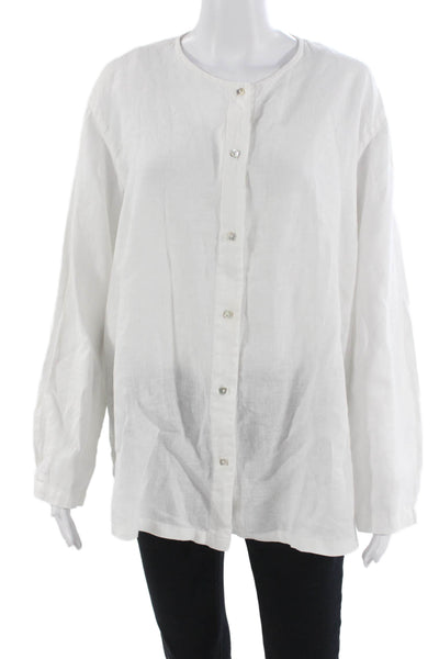 Flax Women White Linen Button-Up Blouse Long Sleeve Round Neck Size S