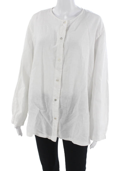 Flax Women White Linen Button-Up Blouse Long Sleeve Round Neck Size S