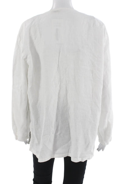 Flax Women White Linen Button-Up Blouse Long Sleeve Round Neck Size S