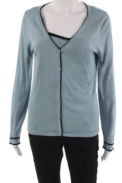 BCBGMAXAZRIA Women Basic Silk V Neck Button Up Blue Long Sleeve Size S