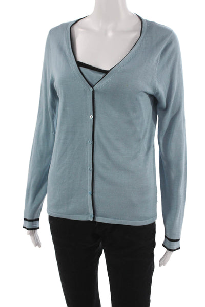 BCBGMAXAZRIA Women Basic Silk V Neck Button Up Blue Long Sleeve Size S