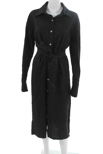 Parentezi Womens Shirt Dress Black Linen Blend Collared Long Sleeve Midi Size M