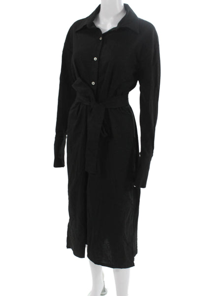 Parentezi Womens Shirt Dress Black Linen Blend Collared Long Sleeve Midi Size M