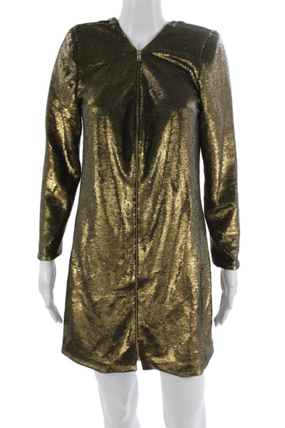 Nonchalant Label Women Shift Dress Gold V-Neck Long Sleeve Above Knee Size M