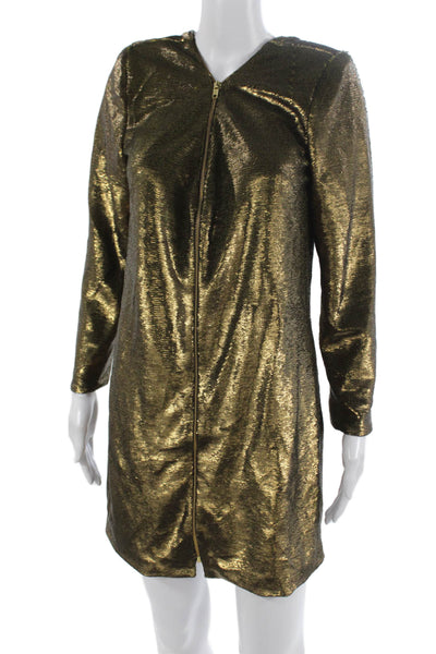 Nonchalant Label Women Shift Dress Gold V-Neck Long Sleeve Above Knee Size M