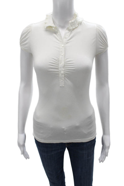 BCBGMAXAZRIA Women Basic Polo White Rayon Collared Short Sleeve Button Size 2XS
