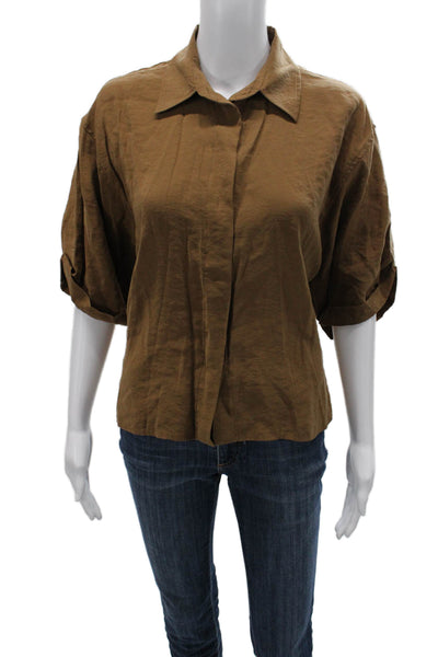 Zara Women Basic Button-Up Collared Modal Brown 3/4 Sleeve Top Size S