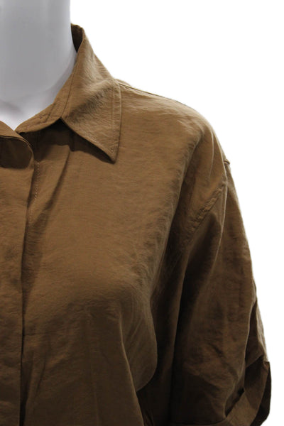Zara Women Basic Button-Up Collared Modal Brown 3/4 Sleeve Top Size S