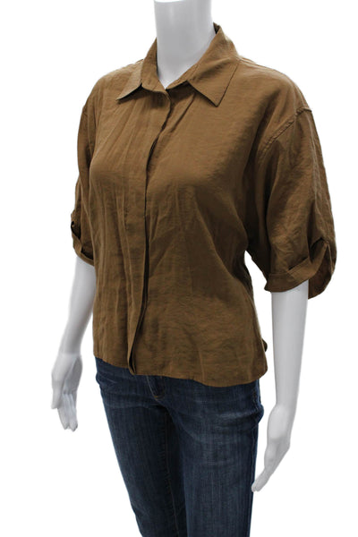 Zara Women Basic Button-Up Collared Modal Brown 3/4 Sleeve Top Size S