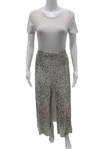 Nonchalant Label Women Straight Pencil Sequin Long Pull On Skirt Silver Size S