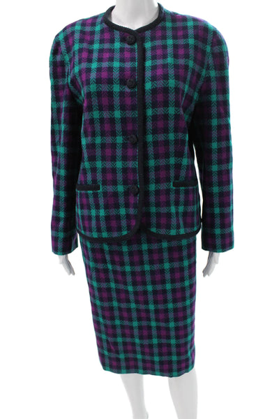 Pendleton Womens Skirt Suit Purple Wool Plaid Long Sleeve Size 14